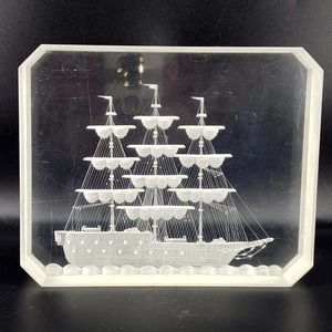Vintage Large Rare Fox Studios Lucite Block w/ Etched Nautical Ship Sail Boat